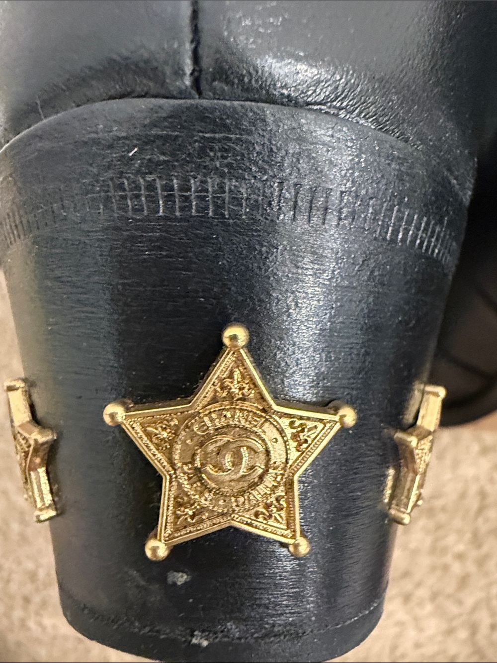 Chanel Runway Black Leather Knee High Boots Gold CC Cap Toe Western Hardware 37 - Picture 11 of 13
